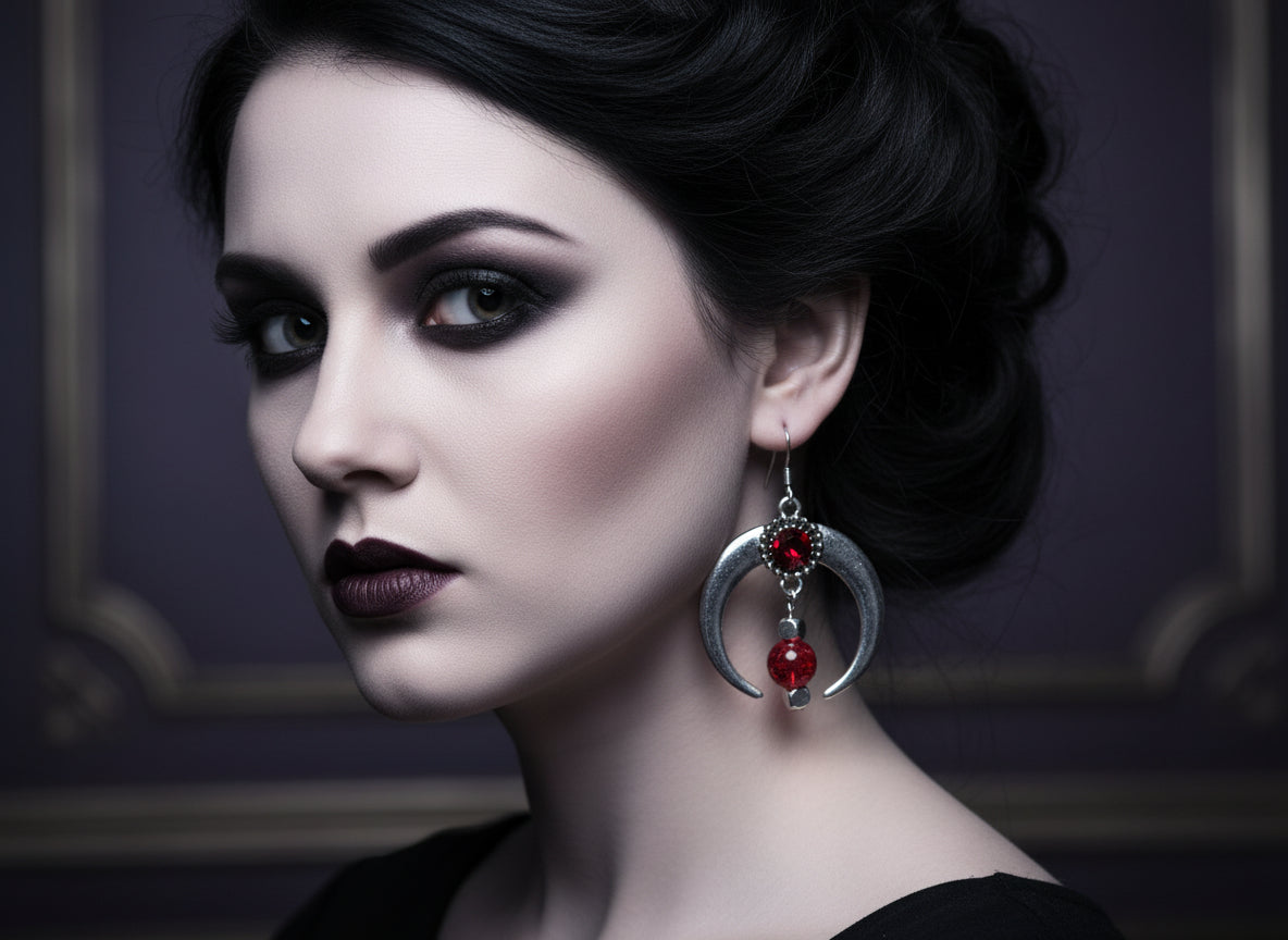 Crescent moon-shaped earrings with red beads on a clear stand against a gray background