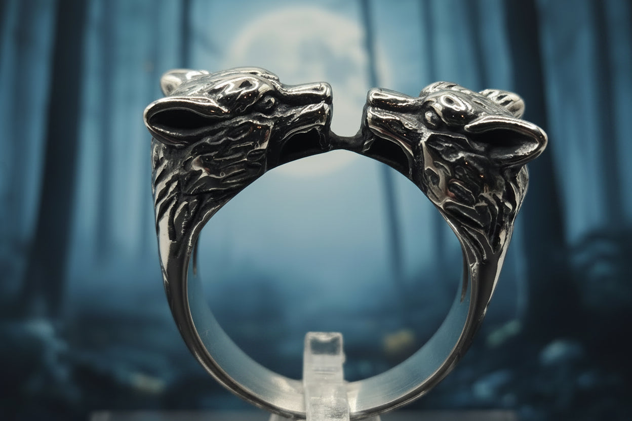 DOUBLE WOLF HEAD RING