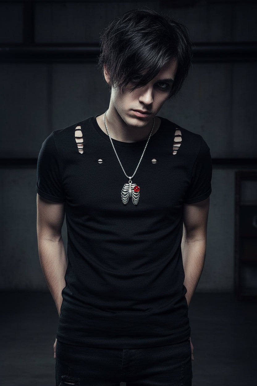 MR. BONES' RIB CAGE/CRYSTAL HEART PENDANT