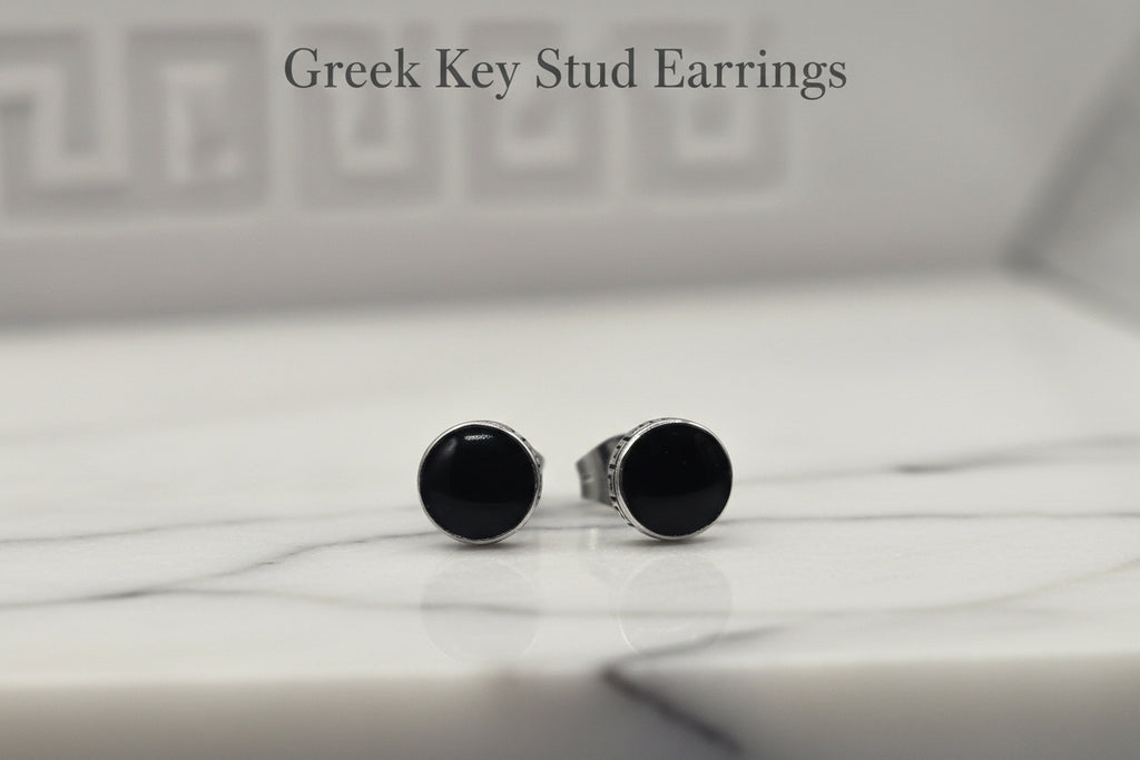 JET GREEK KEY STUD EARRINGS
