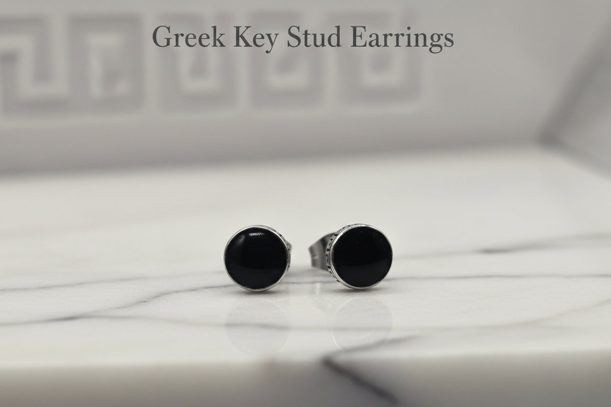 JET GREEK KEY STUD EARRINGS