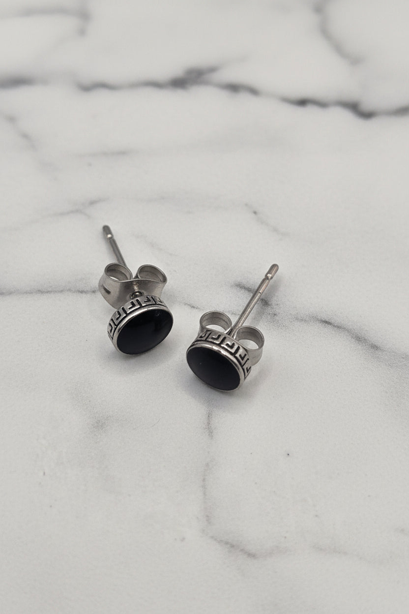 JET GREEK KEY STUD EARRINGS