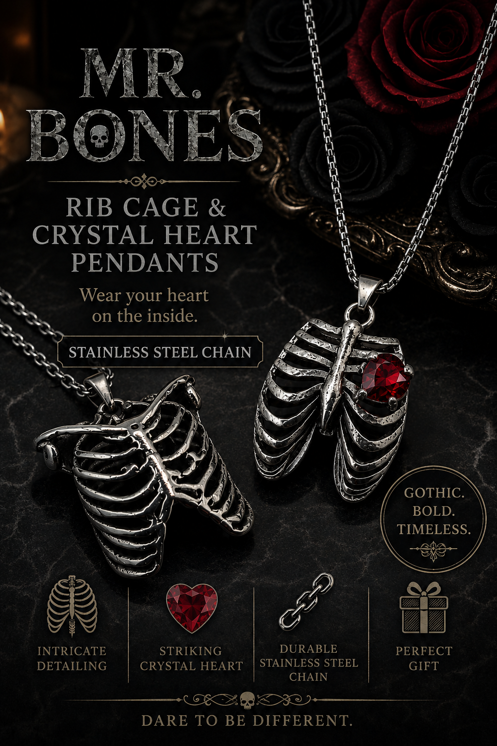 MR. BONES' RIB CAGE/CRYSTAL HEART PENDANT