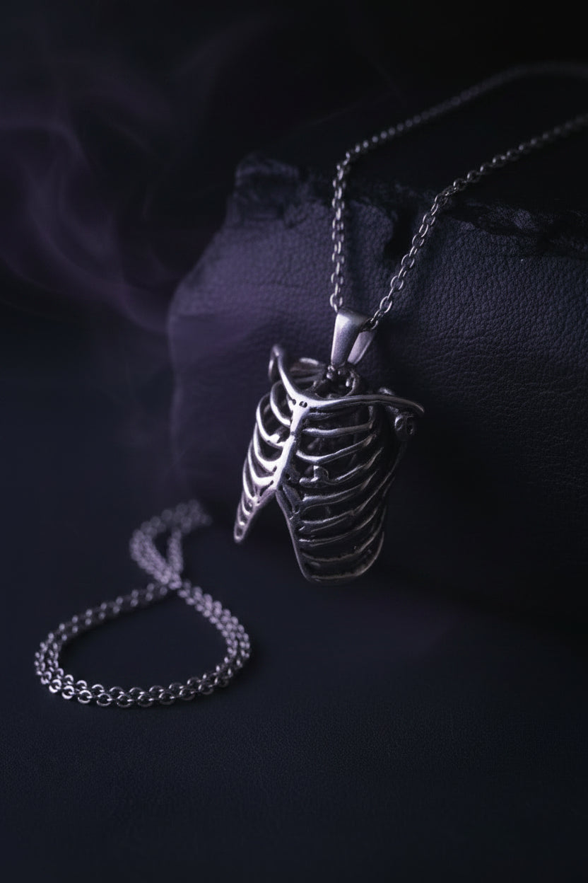 MR. BONES' RIB CAGE/CRYSTAL HEART PENDANT