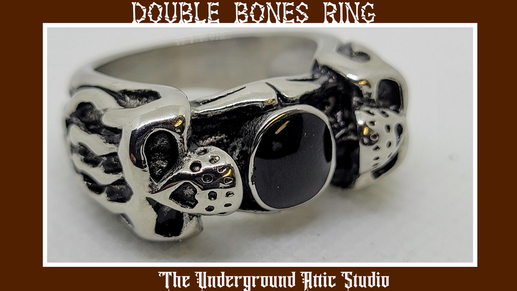 DOUBLE BONES JET STONE RING SZ 14